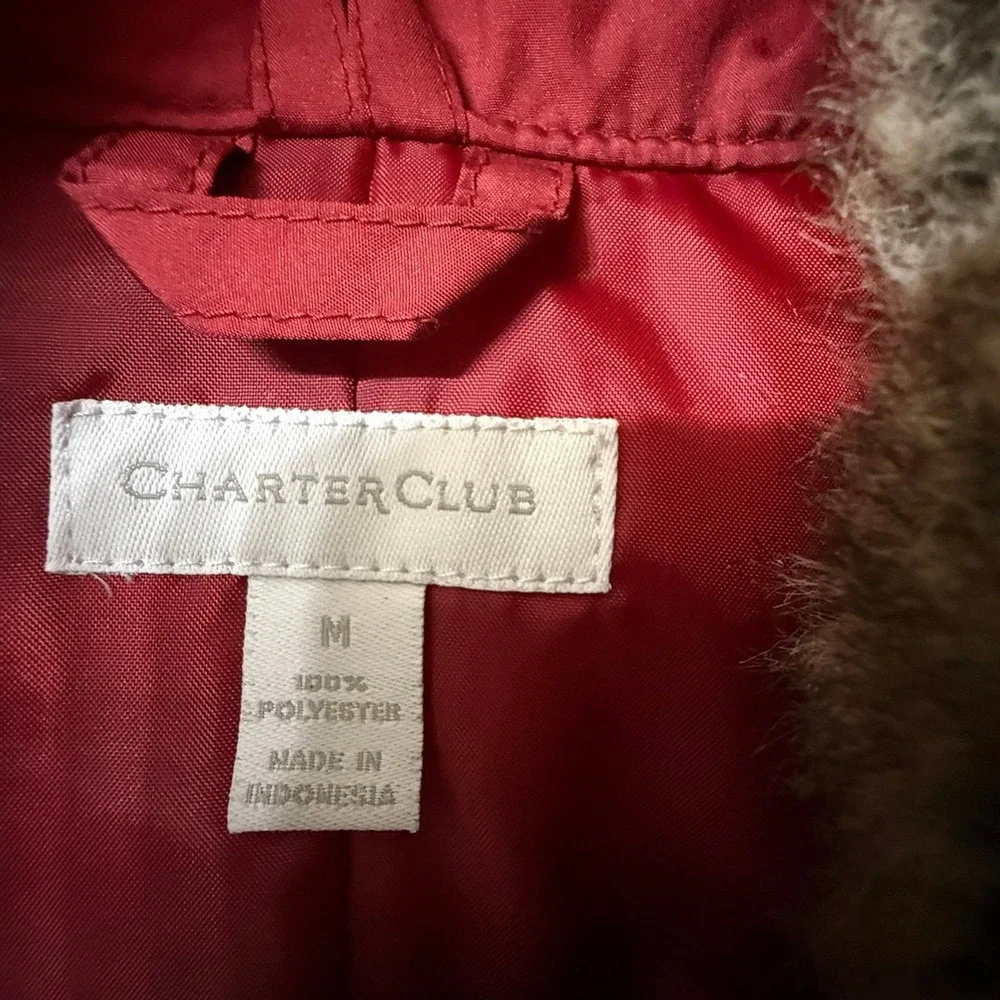 Charter Club Quilted‎ Jacket Womens M Red Faux Fur Collar Chevron Puffer Zip